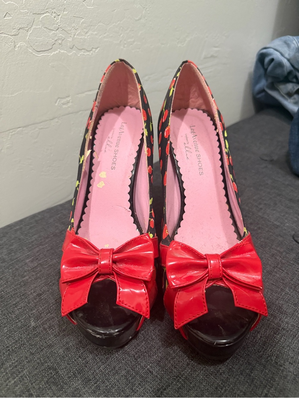 Leg Avenue Black Peep-Toe Heels with Red Bow and Cherry Trim
